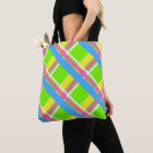 Bright green, pink, yellow, and blue plaid tote