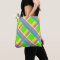 Bright green, pink, yellow, and blue plaid tote