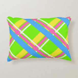Bright green, pink, yellow, and blue plaid tote decorative cushion