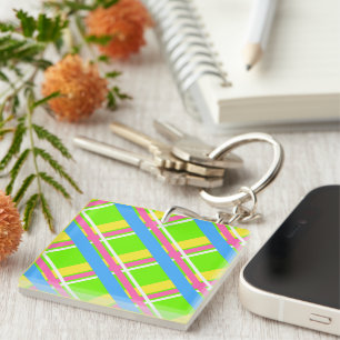 Bright green, pink, yellow, and blue plaid tote key ring