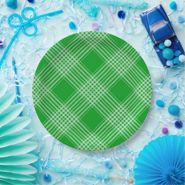 Bright Green Plaid Checked Pattern Paper Plate (Party)