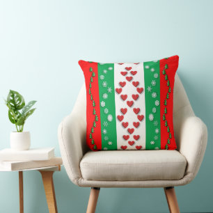 Bright Green Red Christmas Trees Snowflakes Cushion