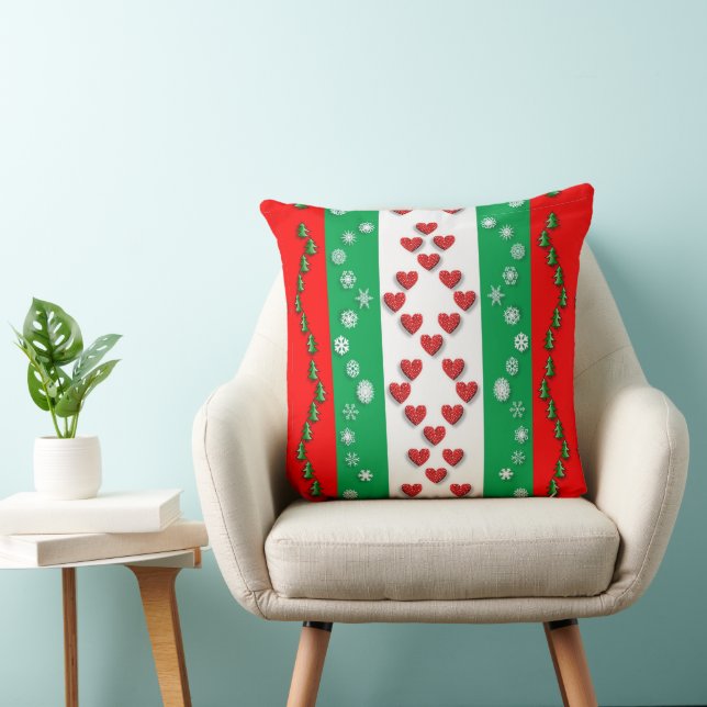 Bright Green Red Christmas Trees Snowflakes Cushion (Chair)