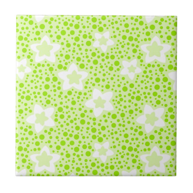 Bright green retro polka dots with floral pattern  tile (Front)