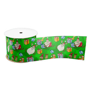 Bright Green Santa & Elves Christmas  Satin Ribbon