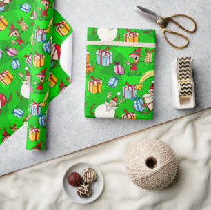 Bright Green Santa & Elves Christmas  Wrapping Paper