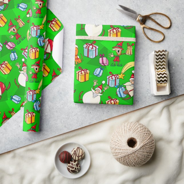 Bright Green Santa & Elves Christmas  Wrapping Paper (Crafts)