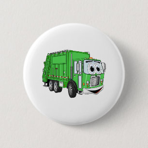 Bright Green Smiling Garbage Truck Cartoon 6 Cm Round Badge