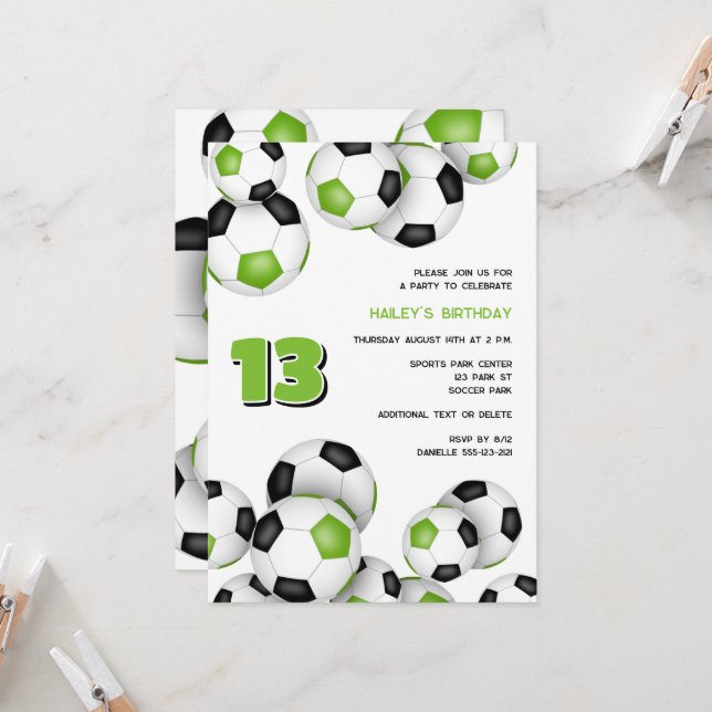 bright green soccer balls kids birthday invitation (Front/Back In Situ)