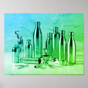 Bright Green Steel Water Bottles on a Retro Wall Poster