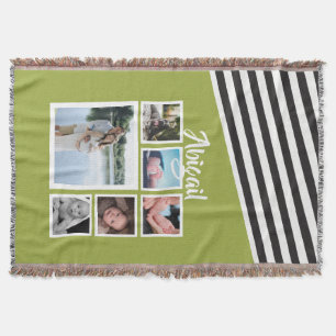 Bright Green Striped Personalised Photo Collage Throw Blanket