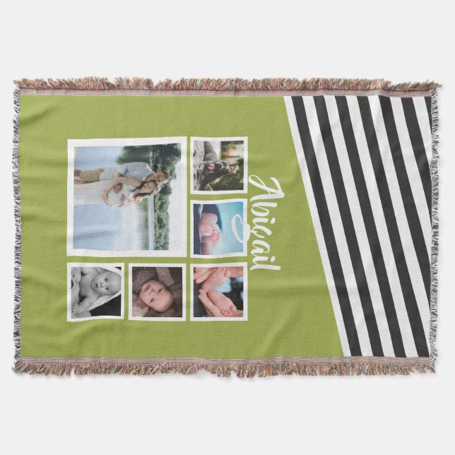Bright Green Striped Personalised Photo Collage Throw Blanket (Front)