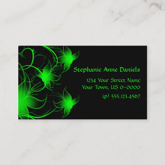 Bright Green Swirly Flowers on Black Business Card (Front)