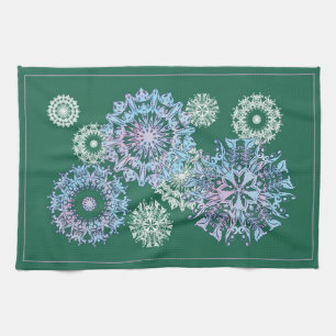 Bright Green Tea Towels with Watercolor Snowflakes