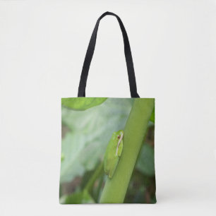 bright green tree frog on a tote bag