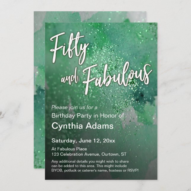 Bright Green Watercolor Glitter Fifty and Fabulous Invitation (Front/Back)