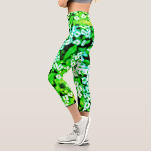 Bright Green White Flowers Floral Print Capri Leggings