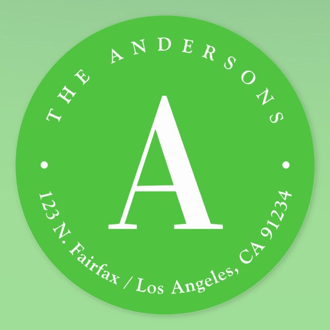 Bright Green & White Monogram Return Address Classic Round Sticker (Creator Uploaded)
