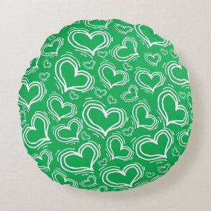BRIGHT GREEN WITH WHITE HEARTS AND FLOWERS ROUND CUSHION