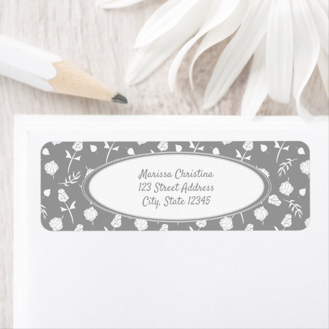 Bright Grey and White Floral Pattern Label (Insitu)