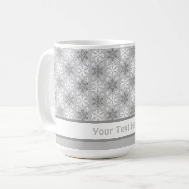 Bright Grey and Winter White Snowflake Pattern Coffee Mug (Front Left)