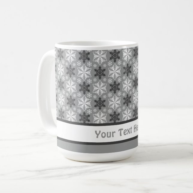 Bright Grey Black Winter White Snowflake Pattern Coffee Mug (Front Left)