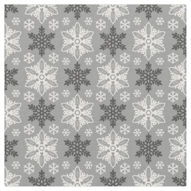 Bright Grey Black Winter White Snowflake Pattern Fabric (Close Up)