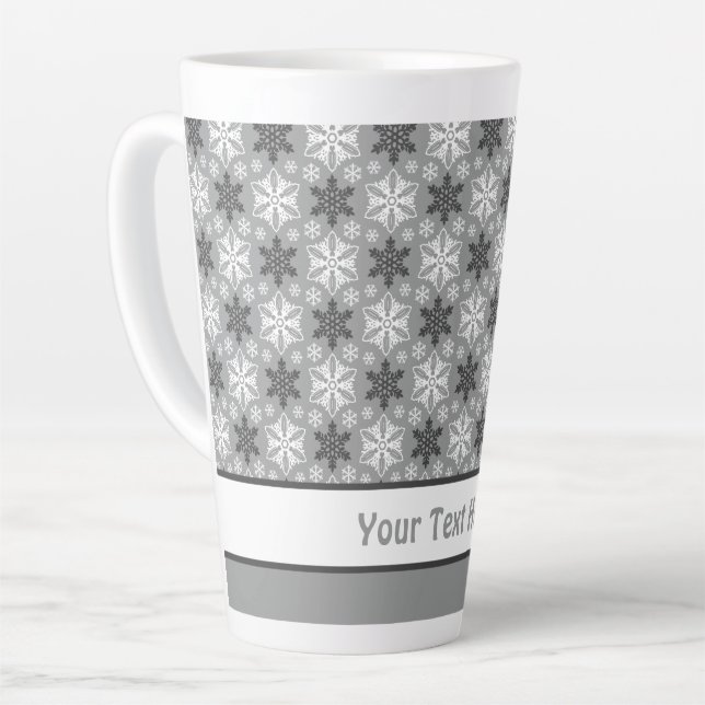 Bright Grey Black Winter White Snowflake Pattern Latte Mug (Left Angle)