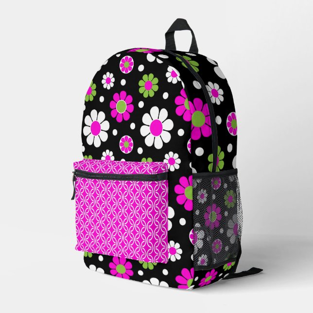 BRIGHT GROOVY PINK GREEN WHITE FLOWERS PRINTED BACKPACK (Back Corner Right)