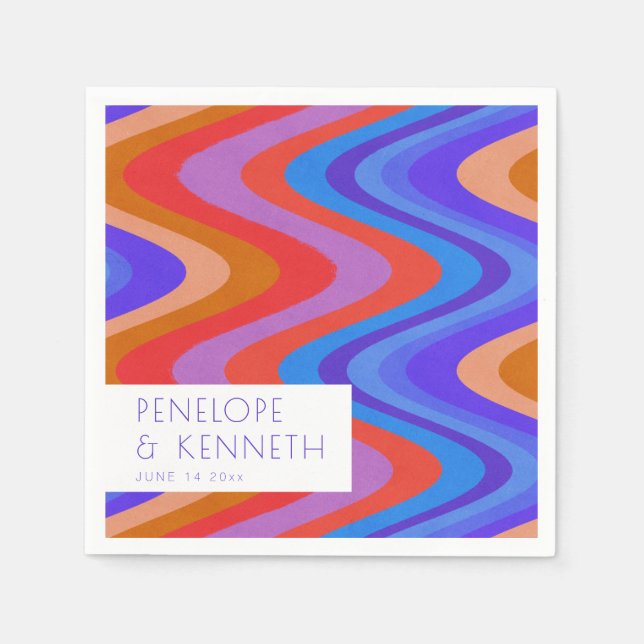 Bright Groovy Retro Blue Purple Wedding Custom Napkin (Front)