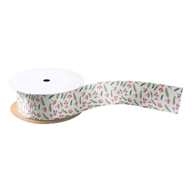 Bright Hand Drawn Christmas Mistletoe Pattern Satin Ribbon (Spool)