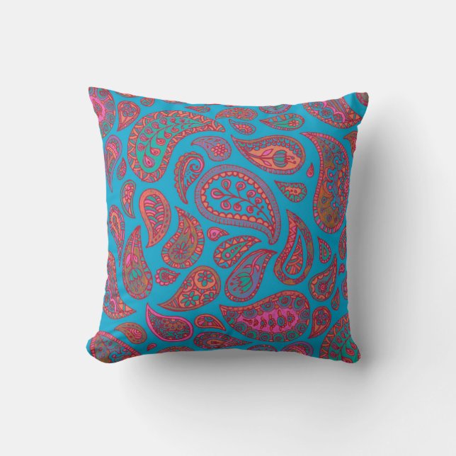 Bright Hand Drawn Paisley Pattern Cushion (Front)