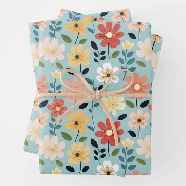 Bright Hand Drawn Wildflower Meadow Wrapping Paper Sheet (In situ)