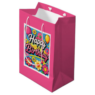 Bright Happy Birthday Flowers and Balloons  Medium Gift Bag