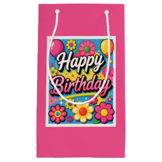 Bright Happy Birthday Flowers and Balloons Pink Small Gift Bag