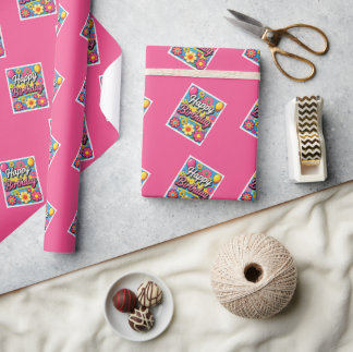 Bright Happy Birthday Flowers and Balloons  Wrapping Paper