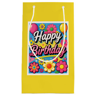 Bright Happy Birthday Flowers and Balloons Yellow Small Gift Bag