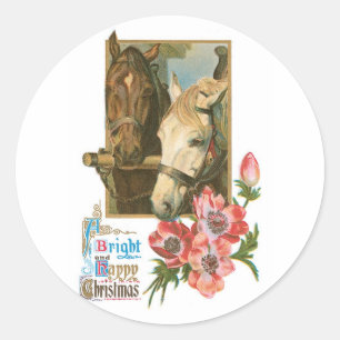 Bright Happy Christmas - Vintage Horses Classic Round Sticker