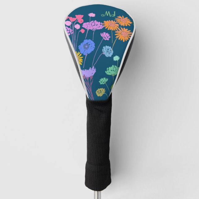 Bright Happy Colourful flowers Dark Teal+Initials Golf Head Cover (Front)