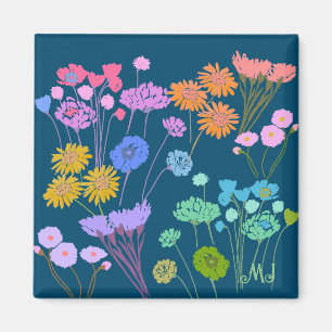Bright Happy Colourful flowers Dark Teal+Initials Magnet