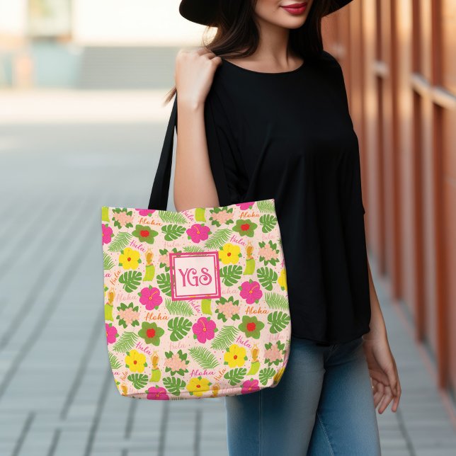 Bright Hawaiian Hula Monogram Art Tote Bag (Tropical Monogram Hawaiian Flower Aloha Hula Woman Tote Bag)