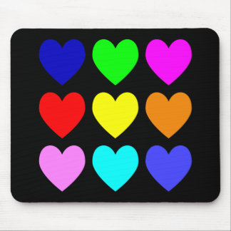 Bright Hearts Pattern on Black Mouse Mat
