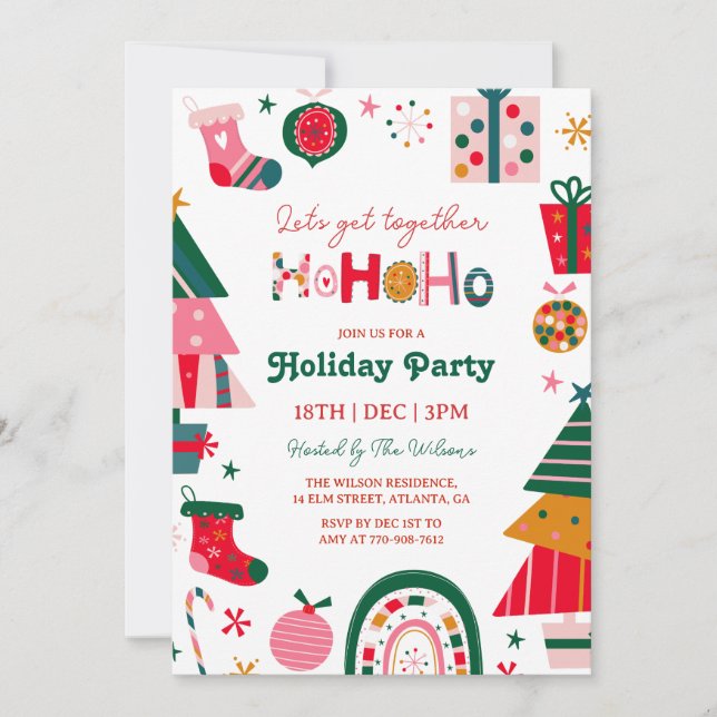 Bright Ho Ho Ho Christmas Party Invitation (Front)