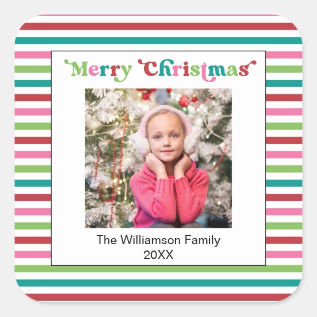Bright Holiday Christmas Stripes Photo Template Square Sticker (Front)