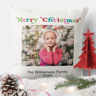 Bright Holiday Merry Christmas Typography Photo Cushion