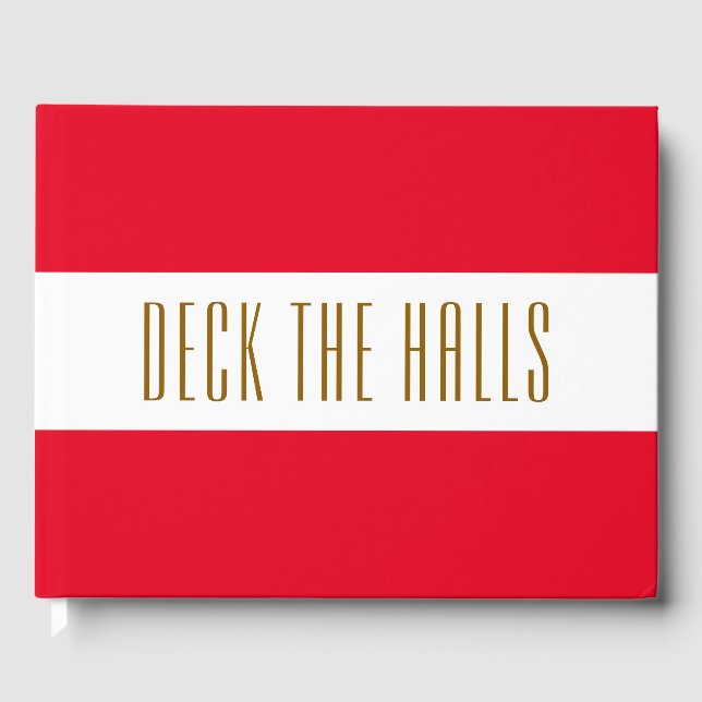 Bright Holiday Red White Stripes "DECK THE HALLS" Guest Book (Front)