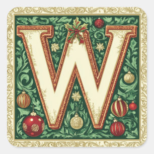 Bright Holiday W: Red, Green, Gold with Greenery Square Sticker