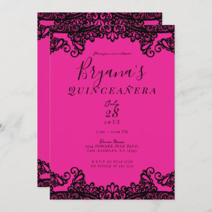 Bright Hot  Pink Black Ink Lace 15th Quinceañera  Invitation