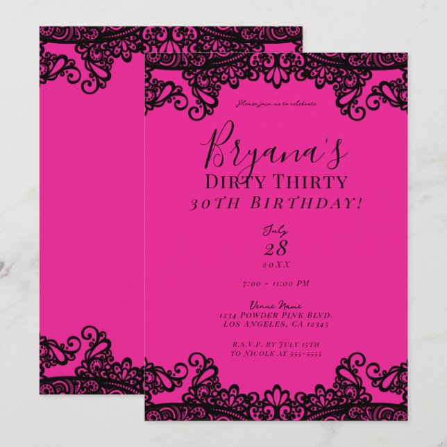 Bright Hot Pink Black Lace Dirty 30 30th Birthday Invitation (Front/Back)