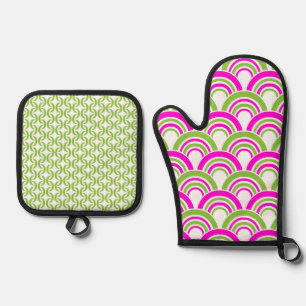 BRIGHT HOT PINK & LIME GREEN PATTERNS OVEN MITT & POT HOLDER SET
